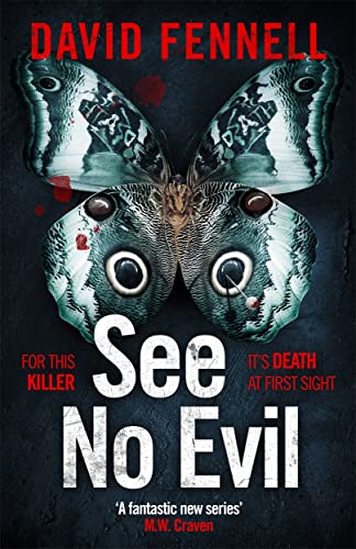 Book cover: butterfly wings forming eyes over dark text, "See No Evil".