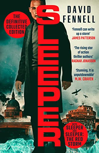 Book cover featuring a man in a coat, large red text, and city landmarks.
