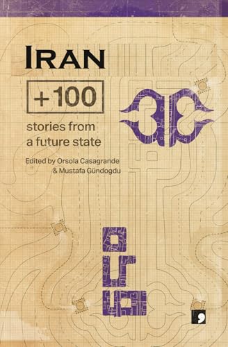 Book cover titled Iran +100 with purple graphic elements on a beige grid background.