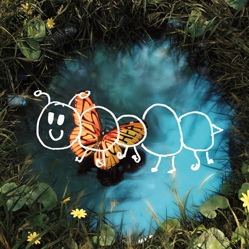 Album cover: cartoon caterpillar with butterfly wings over water.
