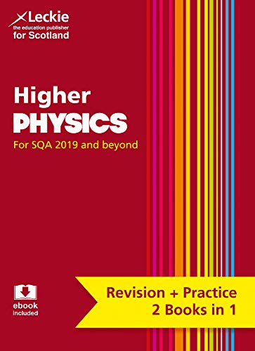 Red textbook cover with "Higher Physics" title and colorful vertical stripes.