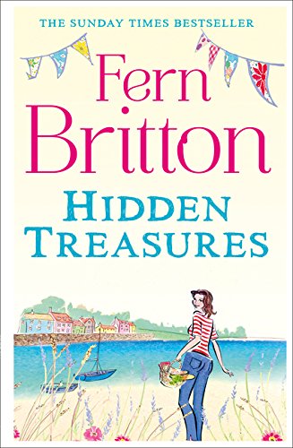 Book cover with coastal illustration, woman with basket, and title “Hidden Treasures”.