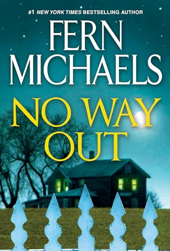 Book cover: dark house, picket fence, and large yellow title "NO WAY OUT".