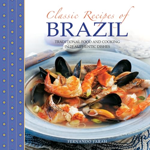 Cookbook cover, “Classic Recipes of Brazil,” featuring seafood stew.