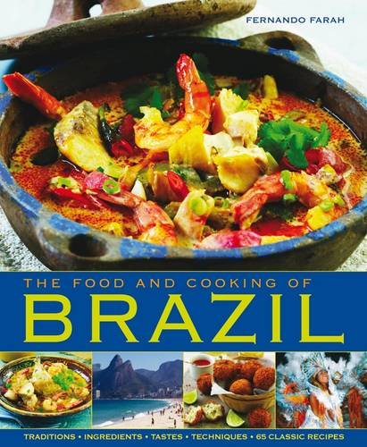 Cookbook cover featuring Brazilian seafood stew and vibrant cultural imagery.
