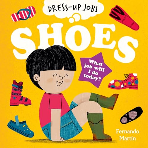 A child wearing green boots surrounded by various shoes on a yellow background.