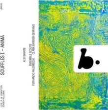 CD cover with abstract green and blue marbled design and black shape.