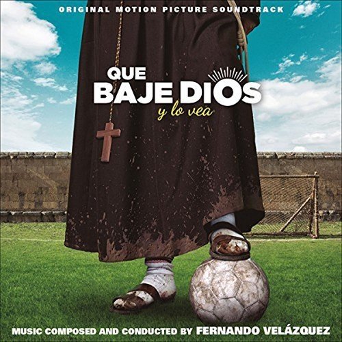"CD cover featuring a priest standing on a soccer ball on a soccer field."