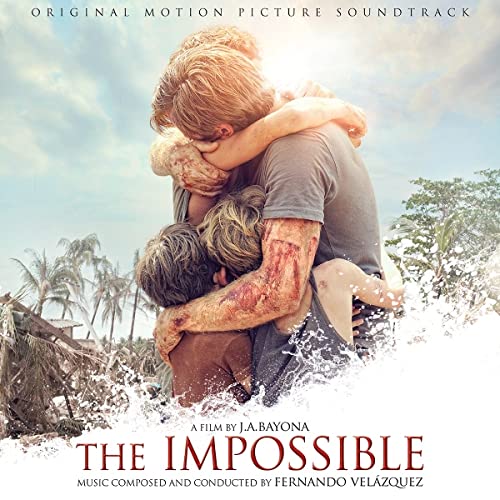 CD cover for "The Impossible" soundtrack, showing a family embracing amidst wreckage.