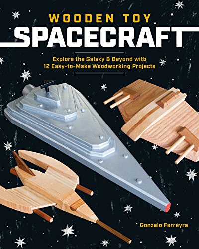 "Book cover featuring wooden toy spacecraft models against a starry black background."