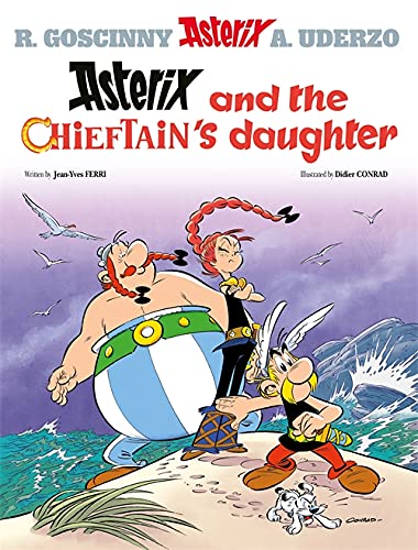 Asterix, Obelix, and a young woman stand on a beach, comic book cover.