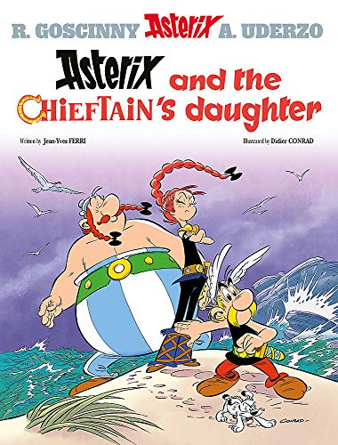 Asterix, Obelix, and a young woman stand on a beach, comic book cover.