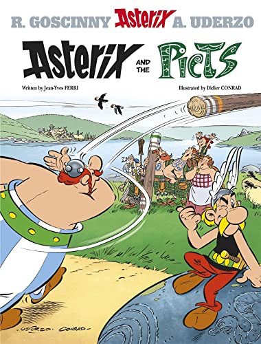 Asterix comic book cover featuring characters and a flying helmet.