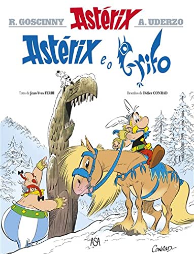 Asterix riding a horse with a griffin, snowy mountain background.