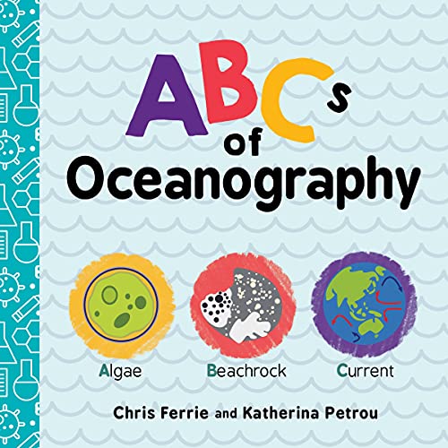 Book cover for ABCs of Oceanography featuring illustrations of algae, beachrock, and ocean currents.