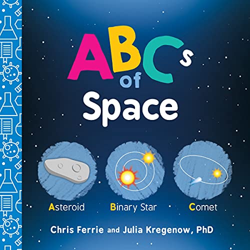 Book cover: "ABCs of Space" with illustrations of asteroids, stars, and comets.