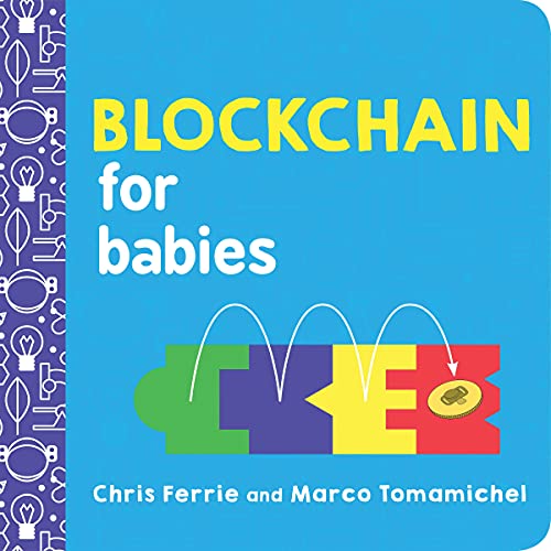 Board book cover with colorful blocks and the title "Blockchain for babies".