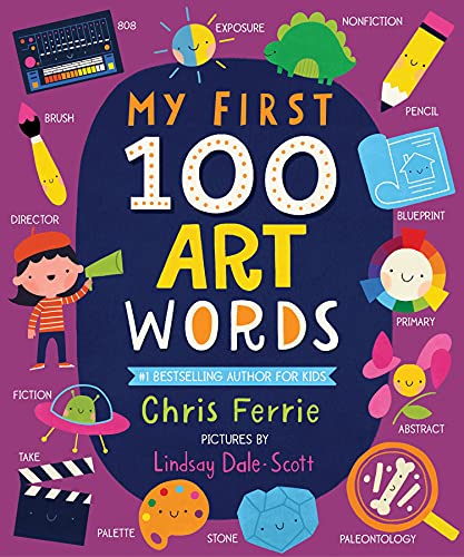 Colorful children’s book cover with art supplies and related imagery.
