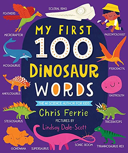 Book cover with colorful dinosaur illustrations and large text: "My First 100 Dinosaur Words".
