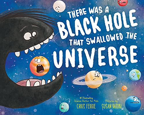 Children’s book cover depicting a cartoon black hole swallowing planets and stars.
