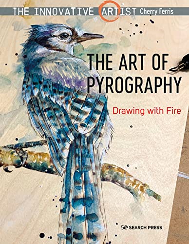 Book cover featuring a watercolor-style blue jay and pyrography tools.