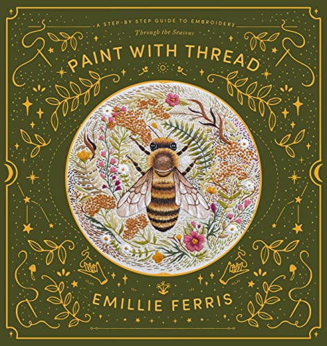 Book cover featuring an embroidered bee surrounded by flowers on a dark green background.