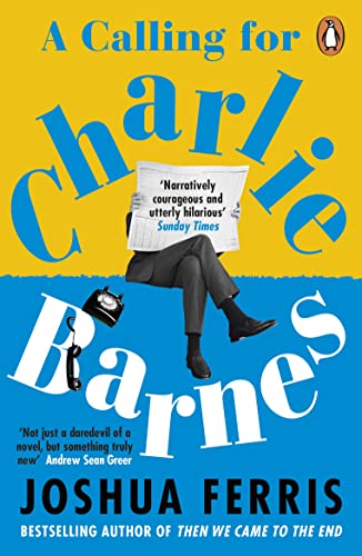 Book cover: man with newspaper head, vintage phone, blue and yellow design.