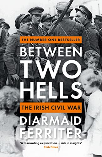 Book cover with Irish landscape, possibly a divided image with opposing forces or figures.