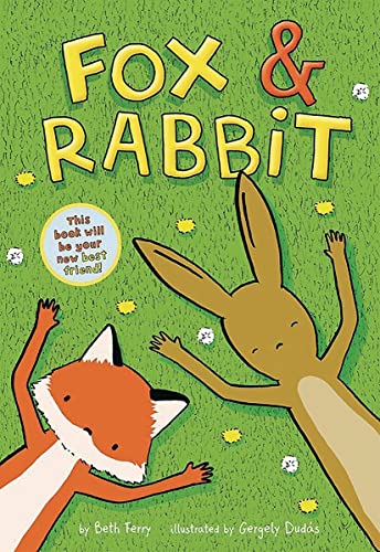 Book cover: fox and rabbit lying in green grass, illustrated style.