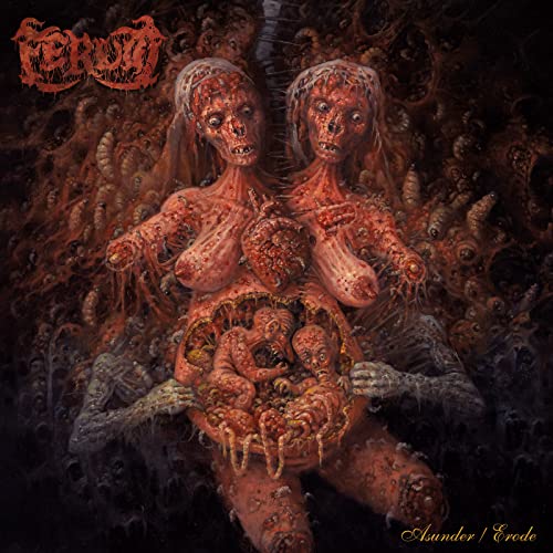 Ferum album cover: grotesque, detailed illustration of decaying figures and a heart.