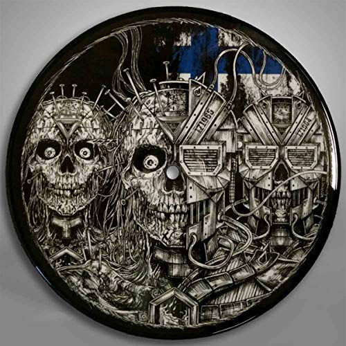 Black and white illustration of skulls and mechanical structures in a circle.