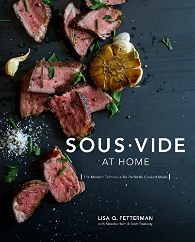 Cookbook cover featuring sliced steak, garlic, and the title "Sous Vide at Home.