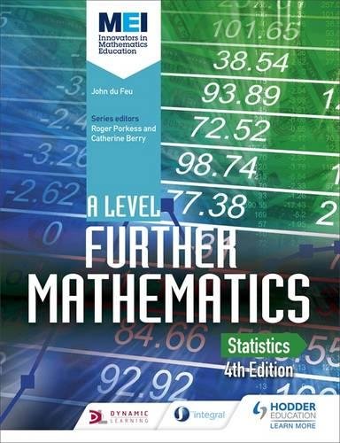 "Textbook cover with 'A Level Further Mathematics Statistics' title, blue and green statistical background."