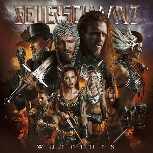 CD cover for Feuerschwanz’s “Warriors” featuring costumed figures in a battle scene.