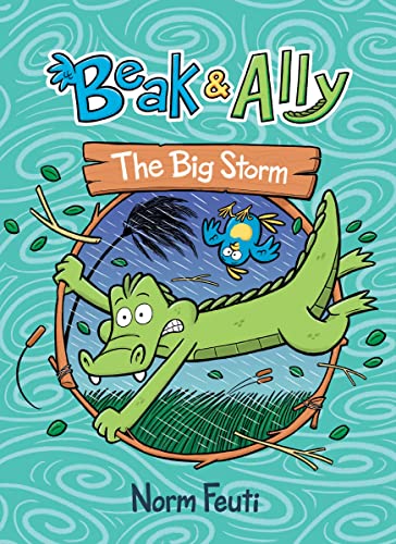 Cartoon alligator and bird framed by a swirling, stormy wreath.