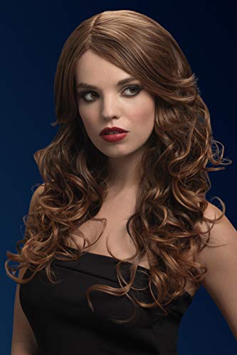 A woman with long, curly brown hair and red lipstick, wearing a black sleeveless top.