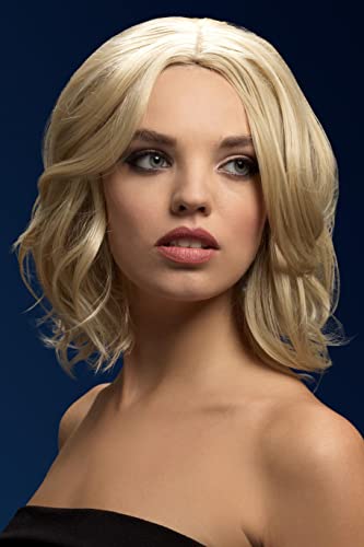 Woman modeling a shoulder-length, wavy blonde wig.