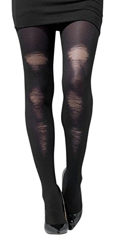 "Woman wearing black ripped tights with a short black skirt and high heels."