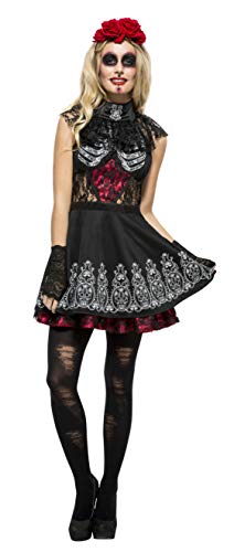 Black Day of the Dead costume with skeletal makeup and red floral headpiece.