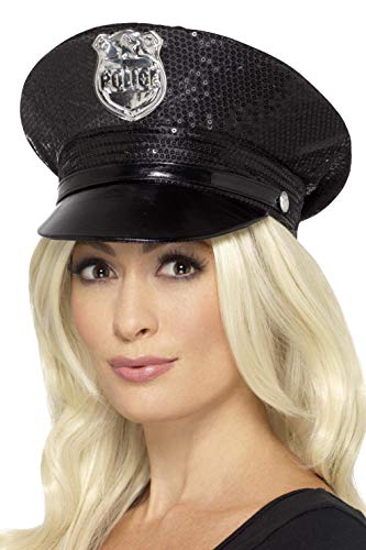 Black sequined police hat with a silver badge, worn on a mannequin.