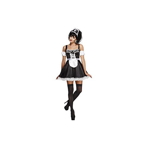 Woman wearing a black and white French maid costume with headpiece.