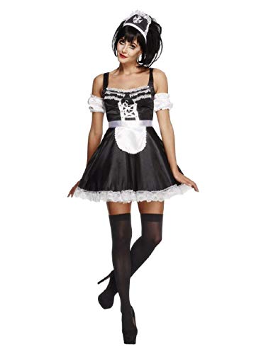 Woman wearing a black and white French maid costume with headpiece.