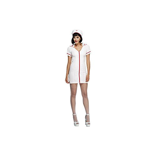 Woman wearing a white nurse costume with hat and fishnet stockings.