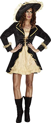 Woman modeling a black and gold pirate swashbuckler costume with hat.
