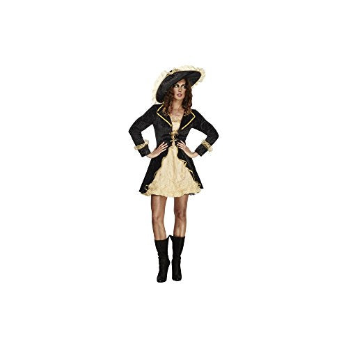 Woman in a black and gold pirate costume with a large hat.