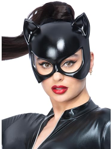 Black cat eye mask worn by a person with red lipstick.