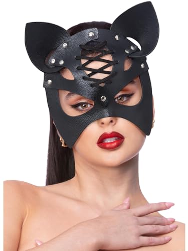 Black mock leather cat mask with lace-up detail, worn by a person.