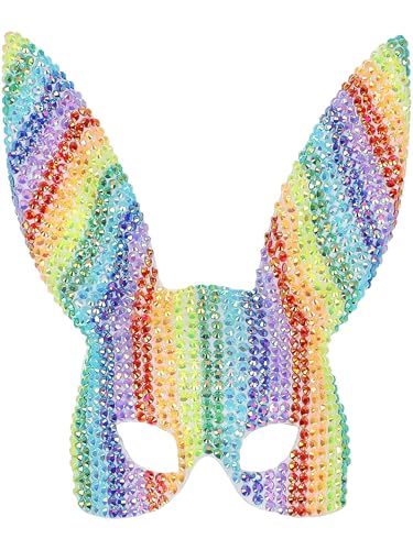 Rainbow bunny mask covered in sparkling jewels, with eye holes.