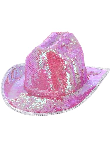 Iridescent pink sequin cowboy hat on a white background.