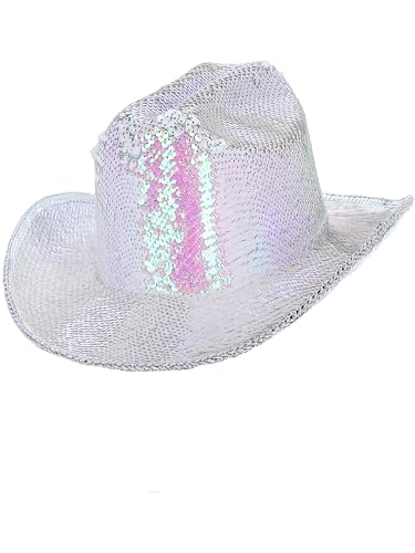 Iridescent white cowboy hat with a pink sequin band detail.
